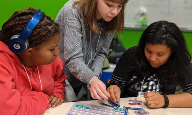 Adler Teen Alum Grace Crim is seen here working with other team members who were part of the Adler Teens Stratonauts program!