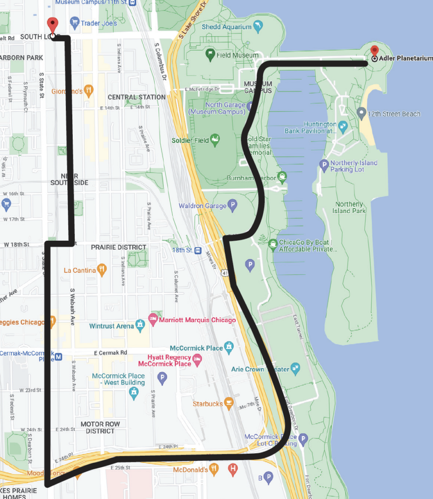 Image caption: Map depicting the route of the CTA #146 shuttle running from Roosevelt station to the Museum Campus beginning June 28, 2023.