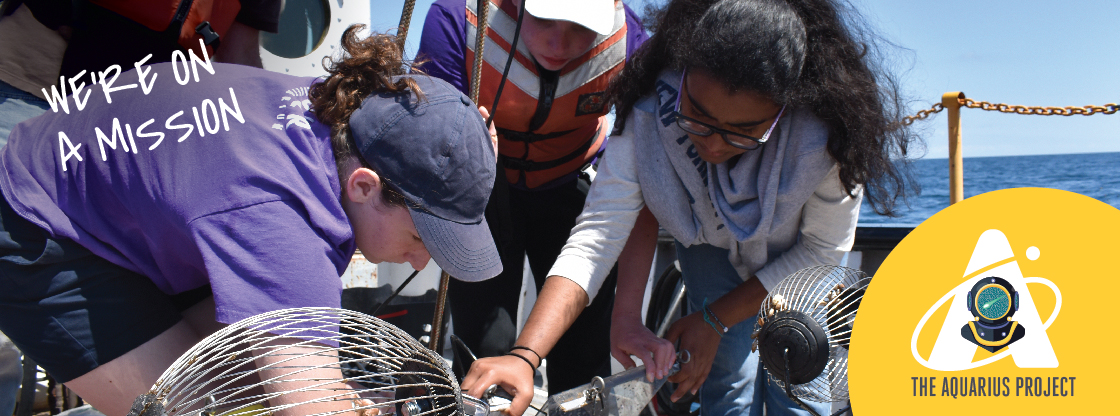 Young teens retrieving rock samples while on a boat in Lake Michigan. 