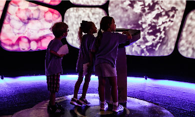 A group of children interacting with the A Universe: A Walk Through Space and Time exhibit.