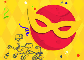 Mars-di-Gras event image featuring Mars wearing a mask and a Mars rover illustration