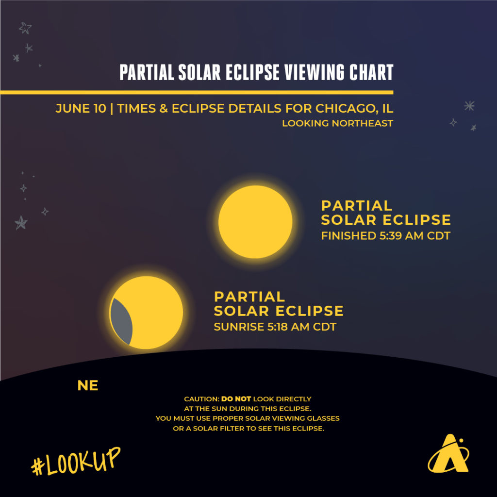 Infographic from the Adler Planetarium that depicts how to view the June 10, 2021 solar eclipse from the Chicago area.