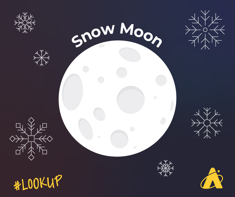 Adler Planetarium’s Lookup graphic depicting the Full Moon. The words “Snow Moon” are above the full moon with snowflakes around the Moon.