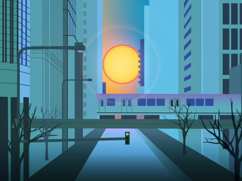 Adler Planetarium graphic depicting the spring and fall celestial event, Chicagohenge.