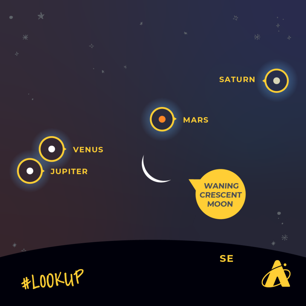 Adler Planetarium's look up graphic. In the night sky, Jupiter is on the far left, Venus is slightly above Jupiter, a waning crescent Moon is in the middle, Mars is above the Moon and Saturn is to the far upper right. 