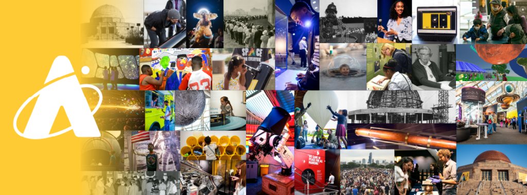 Collage of images of the Adler Planetarium throughout the years. On the left side is the Adler monogram with a faded yellow background.