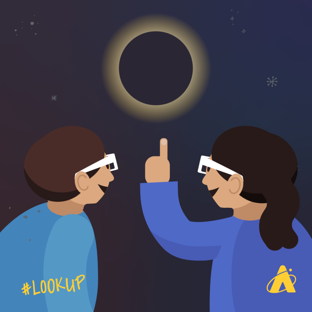 Adler Planetarium infographic with a twilight background and two people wearing solar observing glasses looking up at a circle outlined in a yellow halo with one of the people pointing up to the circle