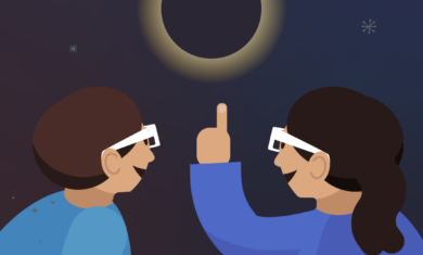 Adler Planetarium infographic with a twilight background and two people wearing solar observing glasses looking up at a circle outlined in a yellow halo with one of the people pointing up to the circle