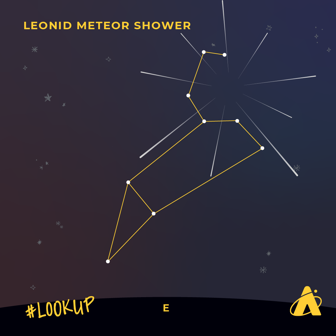 Adler Planetarium infographic illustrating the Leonid meteor shower, in the eastern sky. In 2023, the meteor shower peaks in the early morning of November 16–18. 