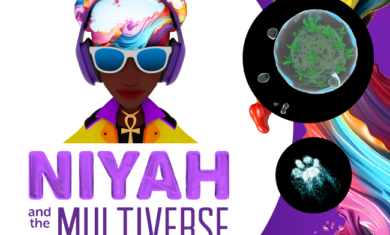 Comic style bust featuring a black pre-teen with colorful, swirly space buns, wearing headphones, blue and white sunglasses, a necklace, coat and puple hood. Words in purple bubble letters (varied weight), "Niyah and the Multiverse." Also features colorful paint splatter, and some other scenes from the show in black bubbles (including a white cat print).