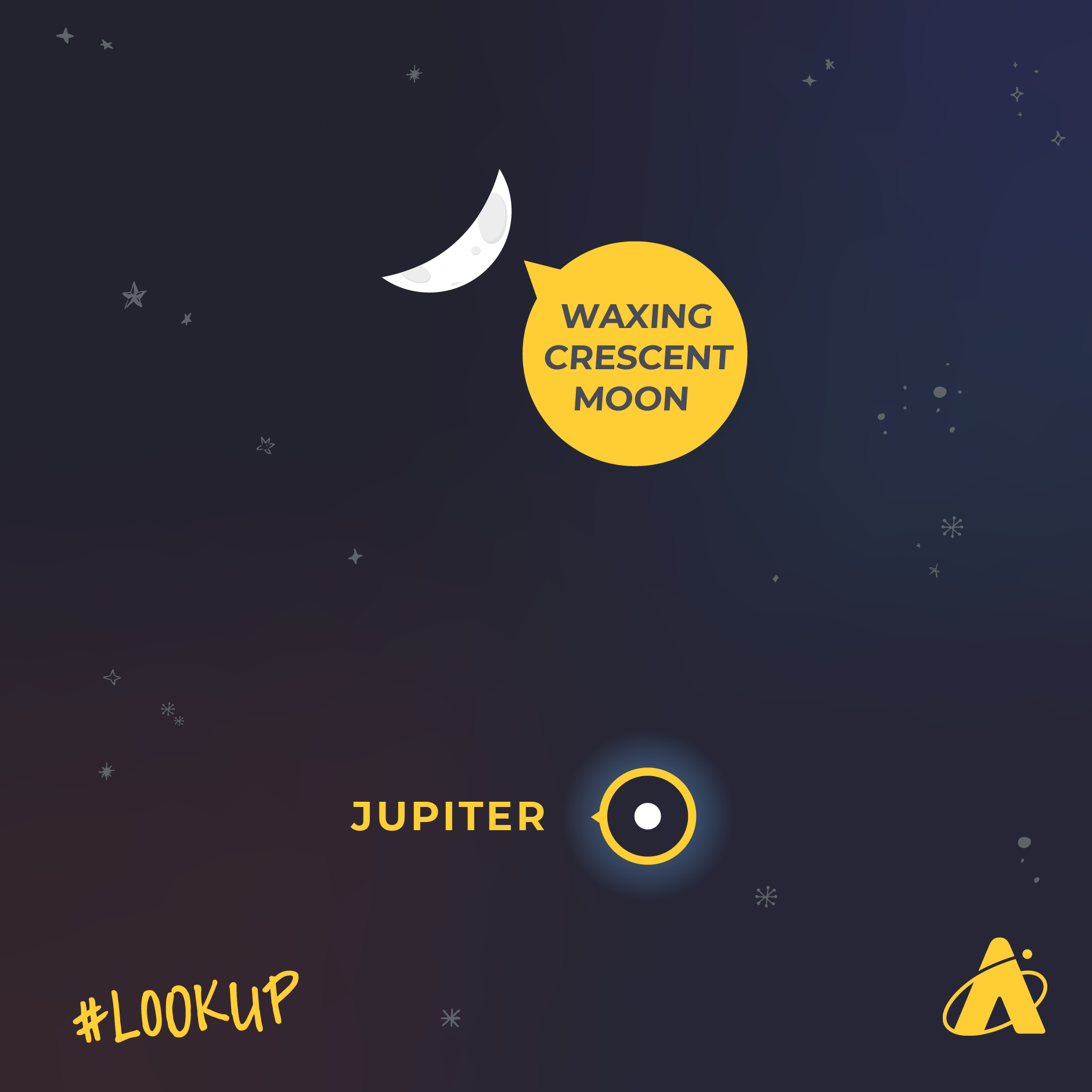 Adler Planetarium infographic depicting the close proximity of the planet Jupiter and a waxing crescent Moon in the sky on the evening of February 15, 2024.