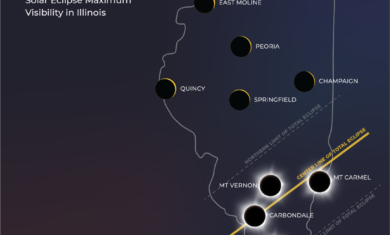 Adler Planetarium infographic showing "April 8, 2024: What Will Illinois See? Solar Eclipse Maximum Visibility in Illinois" with an outline of the state and 11 cities highlighted.