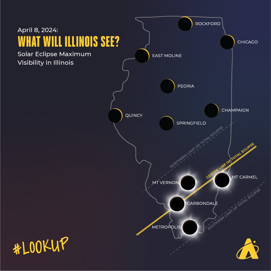 Adler Planetarium infographic showing "April 8, 2024: What Will Illinois See? Solar Eclipse Maximum Visibility in Illinois" with an outline of the state and 11 cities highlighted.