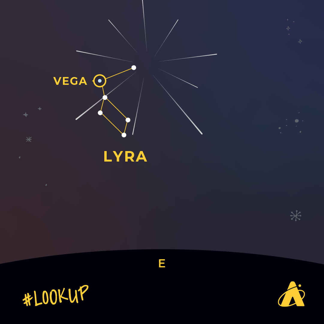 Adler Planetarium infographic depicting the Lyrid meteor shower which peaks in the eastern sky on April 22–23, 2024. The stars Vega within the constellation Lyra, where the shower emanates from, are highlighted.