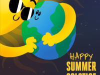 A cartoon Sun with sunglasses is hugging a smiling cartoon Earth in an Adler Planetarium infographic celebrating the 2024 summer solstice.
