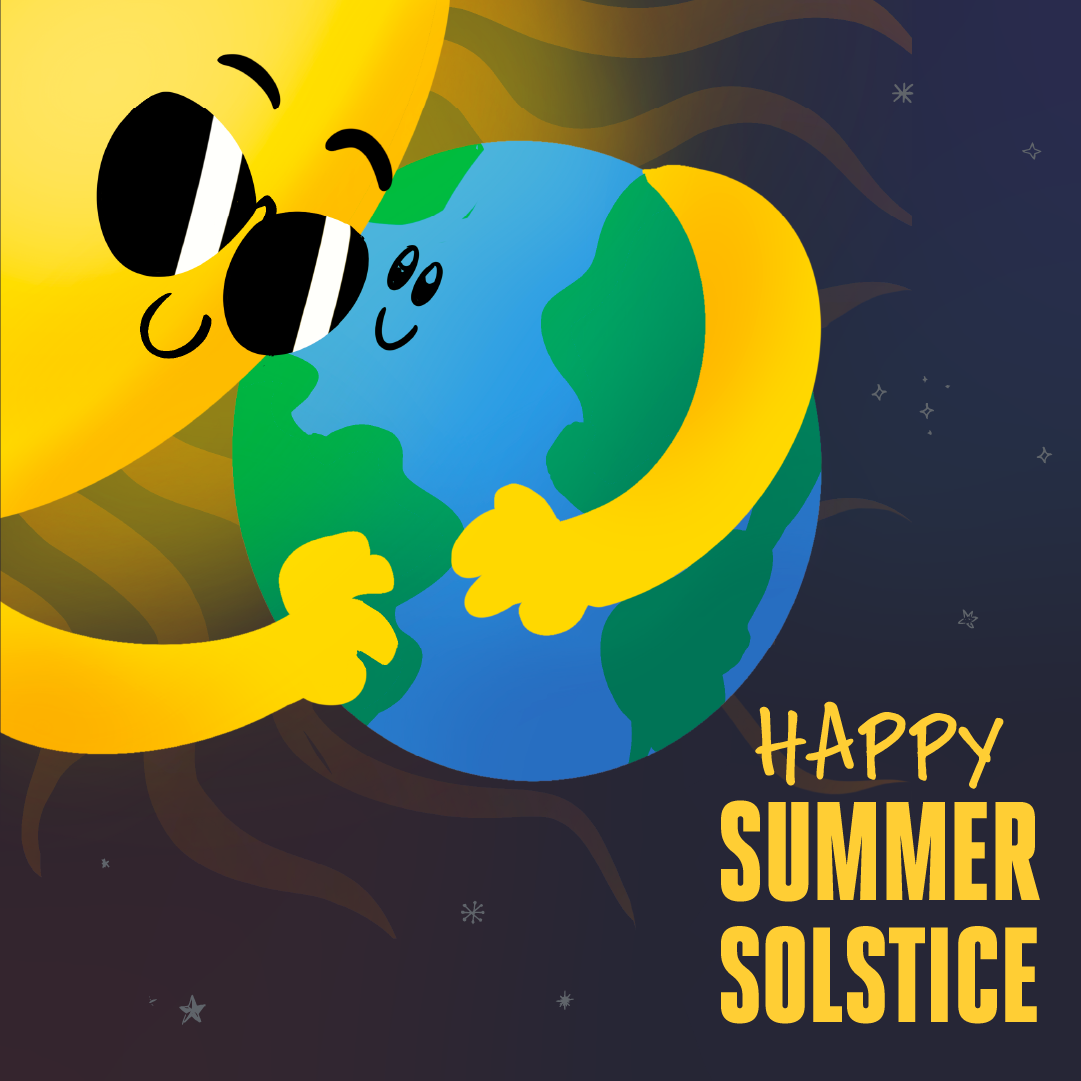 A cartoon Sun with sunglasses is hugging a smiling cartoon Earth in an Adler Planetarium infographic celebrating the 2024 summer solstice.