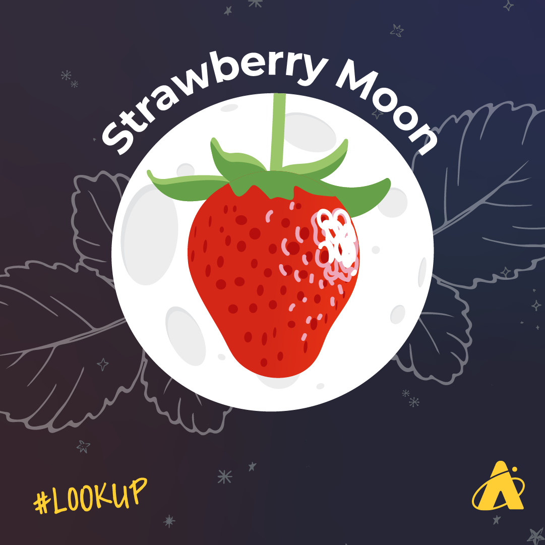 Adler Planetarium infographic depicting the full Moon on June 21, nicknamed the strawberry Moon.