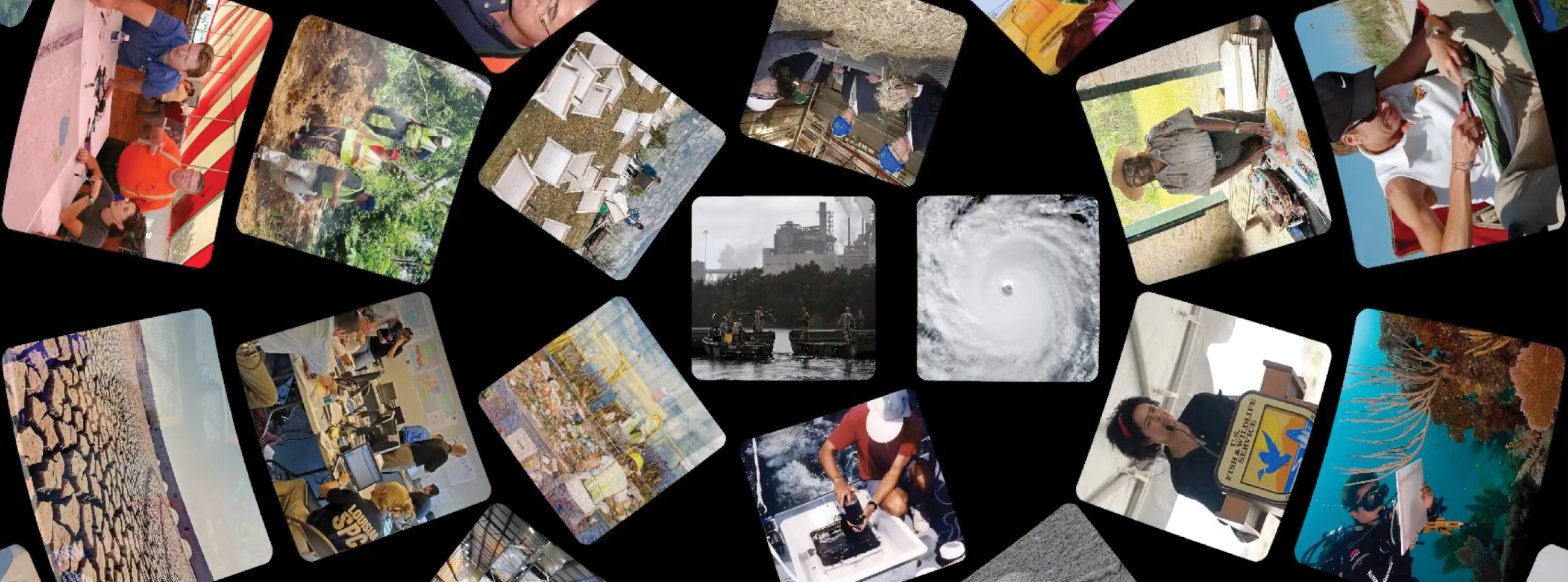 Multiple colorful photos included in a horizontal header featuring folks in fields related to science and climate changes alongside images depicting weather and the affects of climate change.