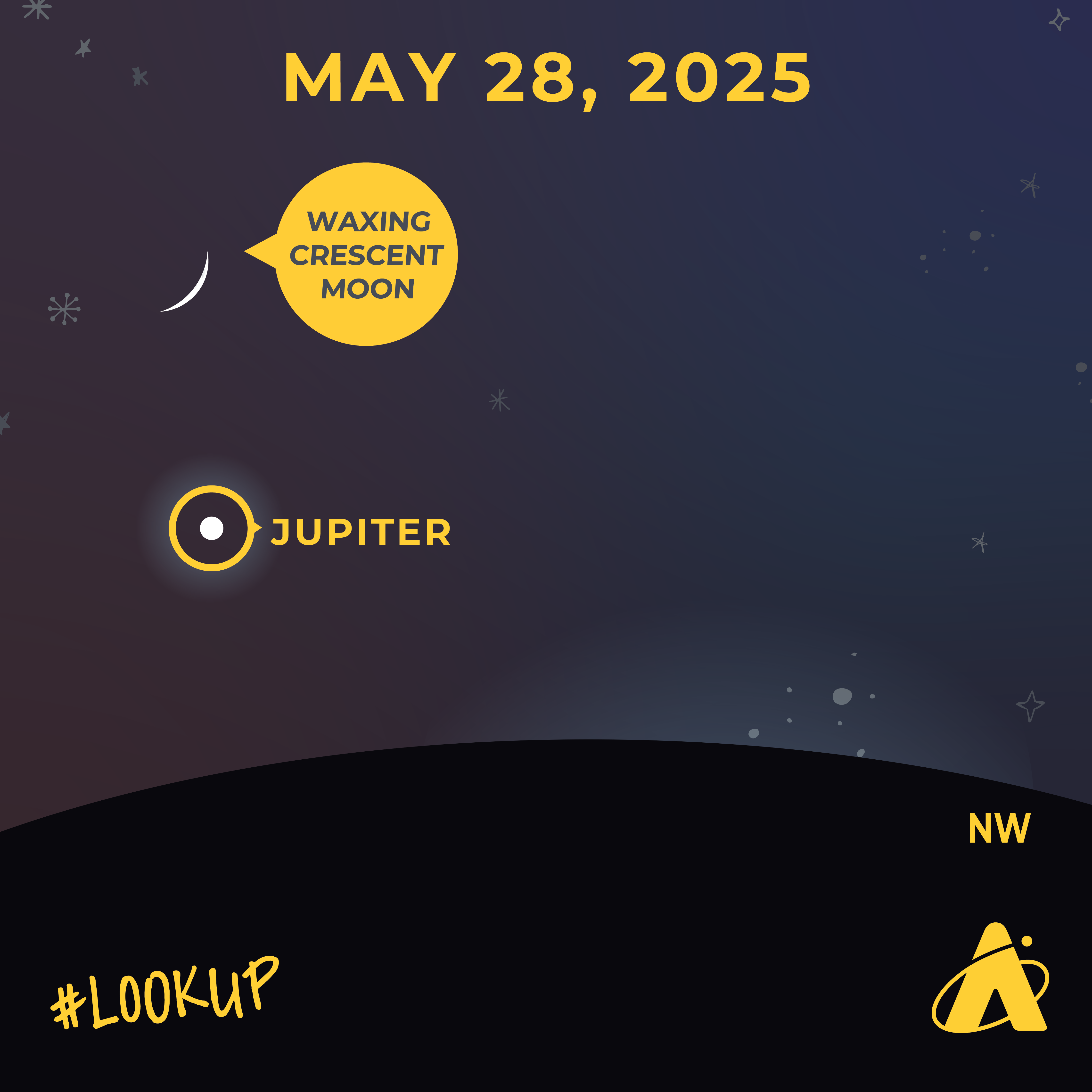 Adler Planetarium infographic depicting Jupiter near the waxing crescent Moon. Header text reads “MAY 28, 2025.” A white dot is near the left center, with a yellow ring around it, labeled “JUPITER.” A slim crescent is labeled “WAXING CRESCENT MOON” in a yellow bubble. “#LookUp” appears at the bottom of the image with the Adler Planetarium logo.