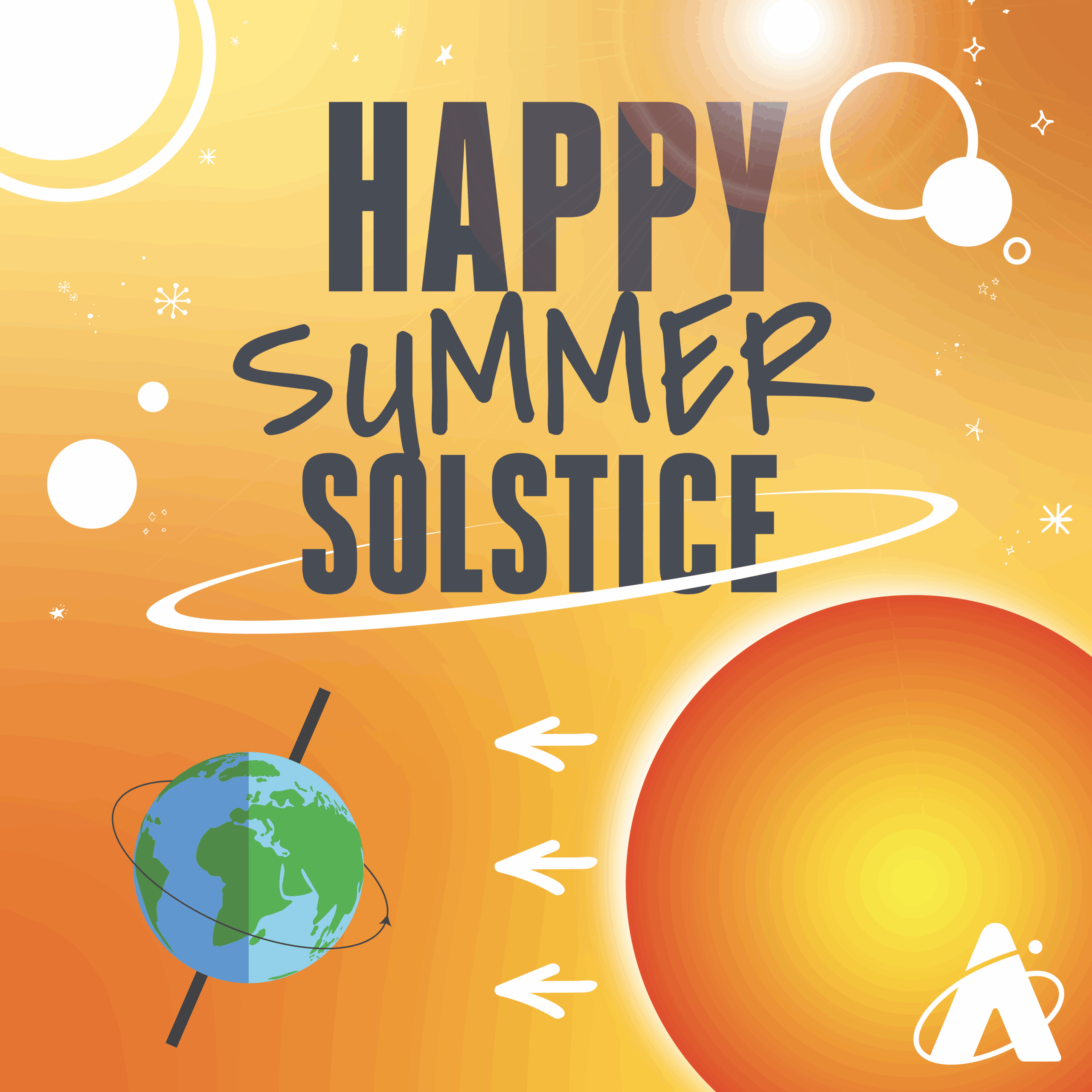 Adler Planetarium infographic for the summer solstice on June 20, 2025. Text reads “HAPPY SUMMER SOLSTICE” on a warm, orange background. An illustration of the Earth is tilted towards an illustration of the Sun. Three white arrows point from the Sun to the Earth. The Adler Planetarium logo is in the bottom right corner. 