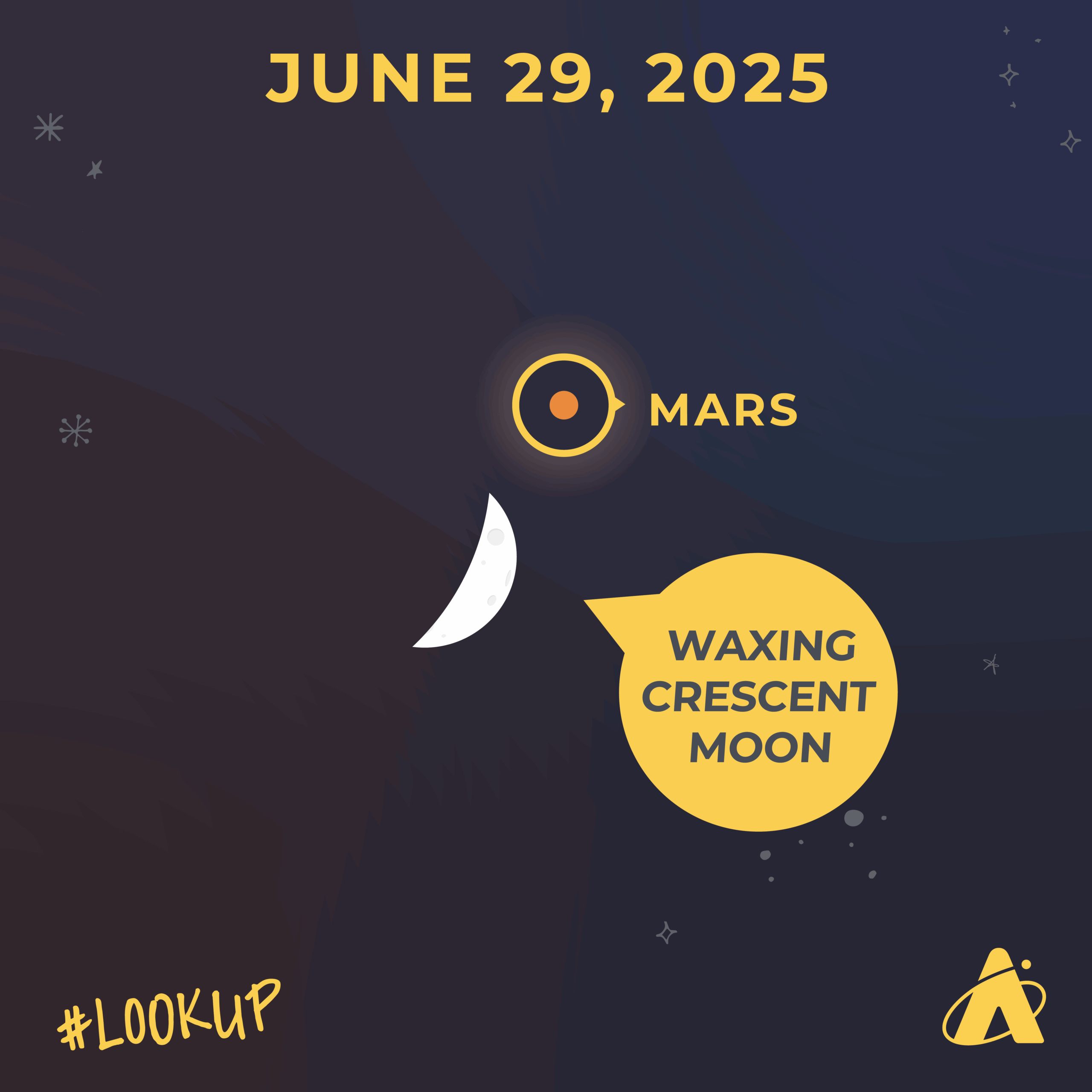 Adler Planetarium infographic depicting Mars and a waxing crescent Moon in the night sky. Header text reads “JUNE 29, 2025”. In the center, there is a red dot with the label “MARS.” Just below it, there is a slim white crescent with the label “WAXING CRESCENT MOON.” The Adler Planetarium logo is in the far bottom right corner and “#LookUp” is in the far bottom left corner. 