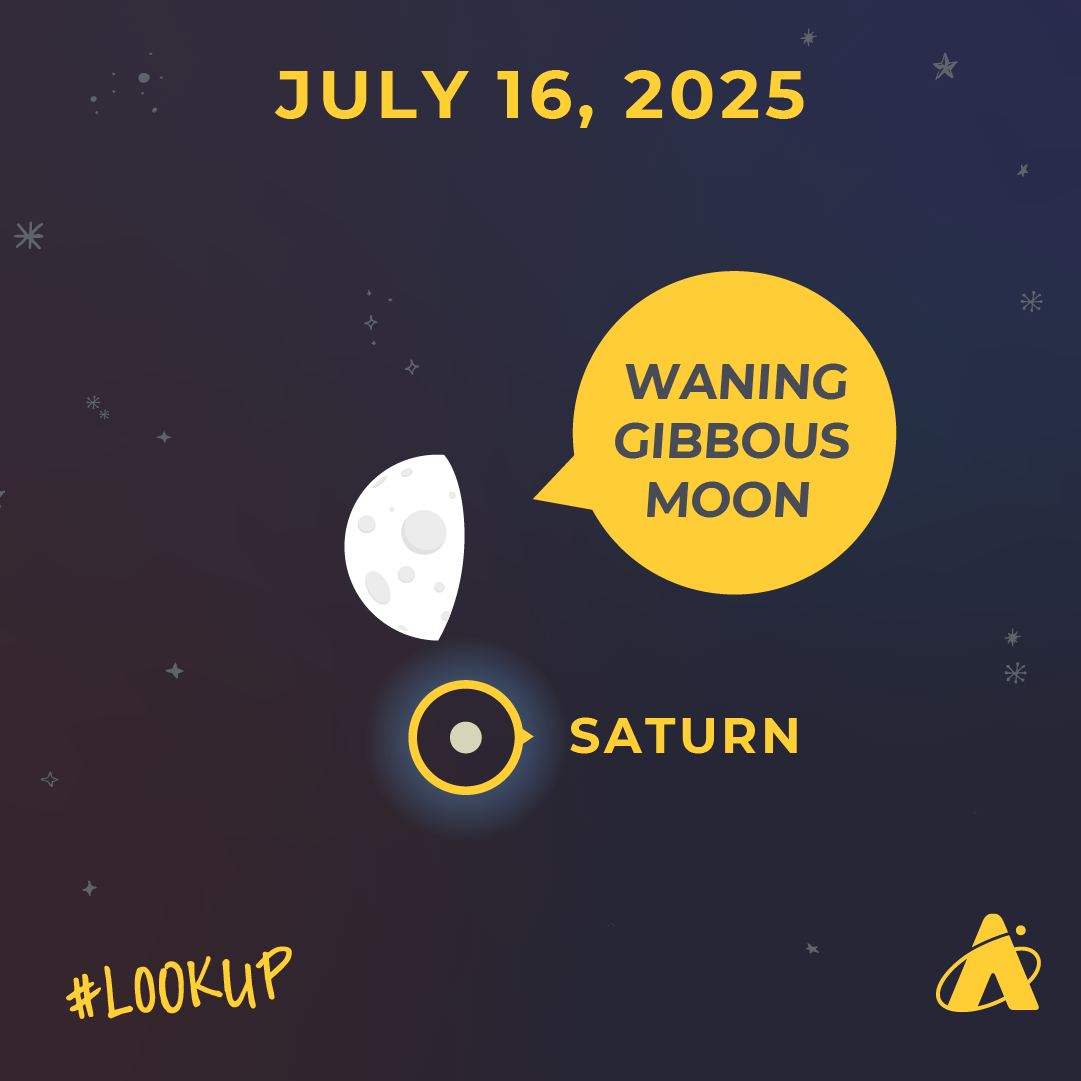 Adler Planetarium infographic depicting the night sky. Header reads “JULY 16, 2025.” In the middle of the image there is an over-half-full Moon with a yellow label that reads “WANING GIBBOUS MOON.” Below, there is a white dot with a yellow label reading “SATURN.” “#LookUp” and the Adler Planetarium logo appear at the very bottom.