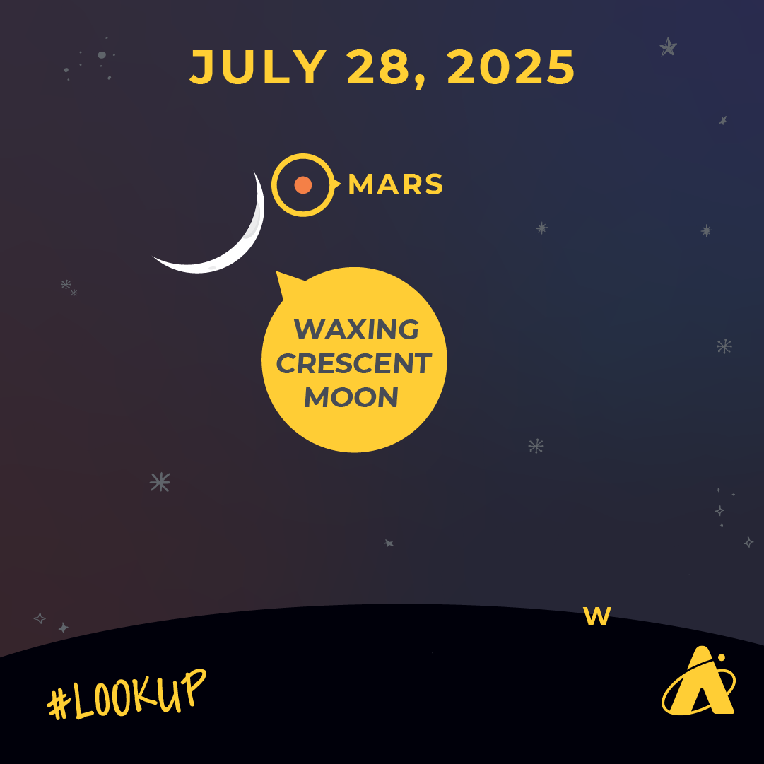 Adler Planetarium infographic depicting the night sky. Header reads “JULY 28, 2025.” A red dot appears at the top of the image with a yellow label reading “MARS”. Beneath and slightly to the left of Mars is a slim white crescent with a yellow label that reads “WAXING CRESCENT MOON.” A black line at the bottom represents the western horizon. “#LookUp” and the Adler Planetarium logo appear at the very bottom.