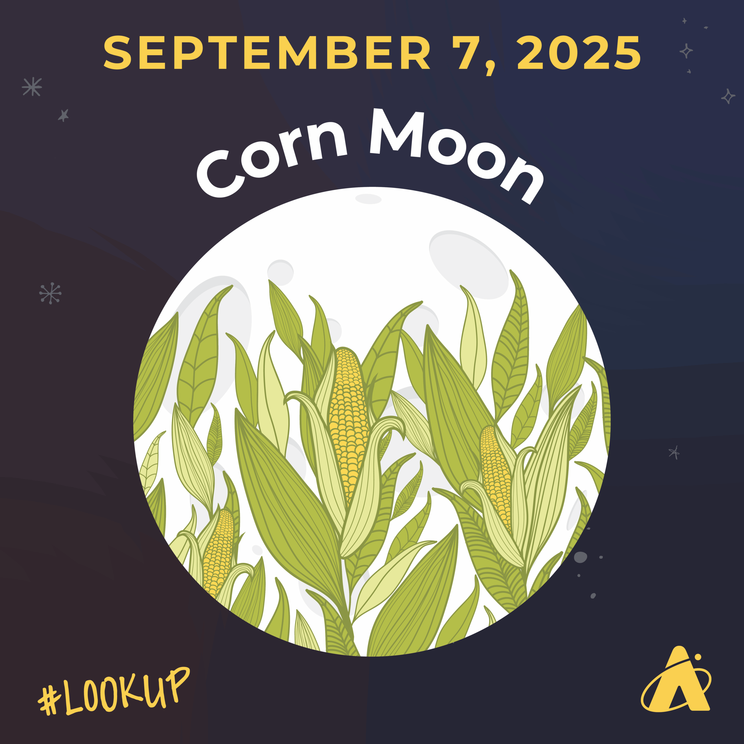 Illustration of the September 7, 2025 corn Moon. A large white Moon is shown with green corn stalks and yellow ears of corn in front of it. Text reads ‘September 7, 2025, Corn Moon.’ Hashtag #LookUp and the Adler Planetarium logo appear in the corners.