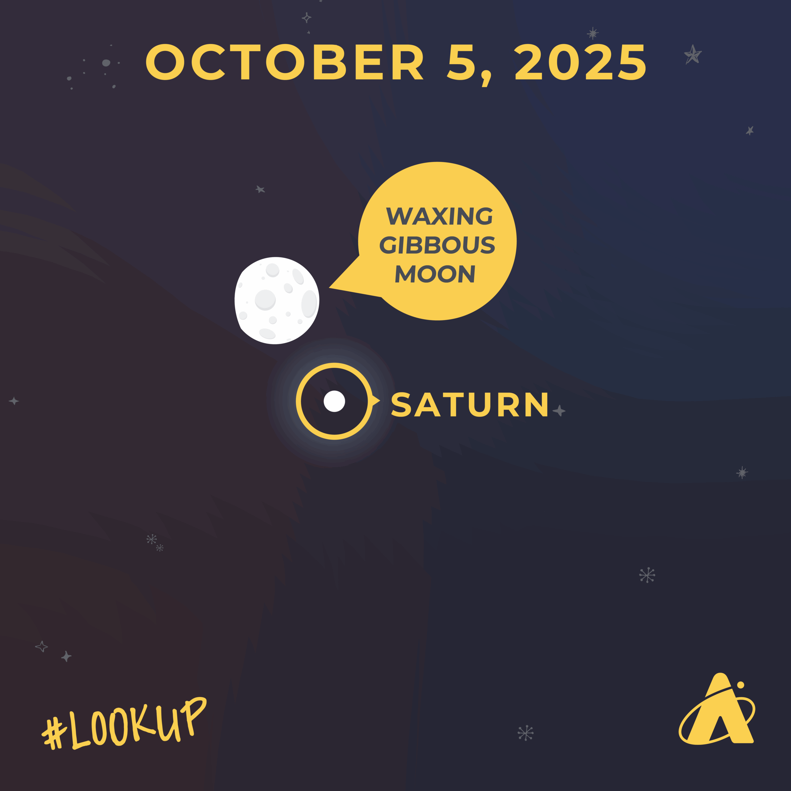 Illustration of the waxing gibbous Moon next to Saturn. A speech bubble labels the Moon “WAXING GIBBOUS MOON” and Saturn is labeled with a circular planet icon. Header reads “OCTOBER 5, 2025.” “#LOOKUP” is in the bottom left corner and the Adler Planetarium’s logo is at the bottom right.