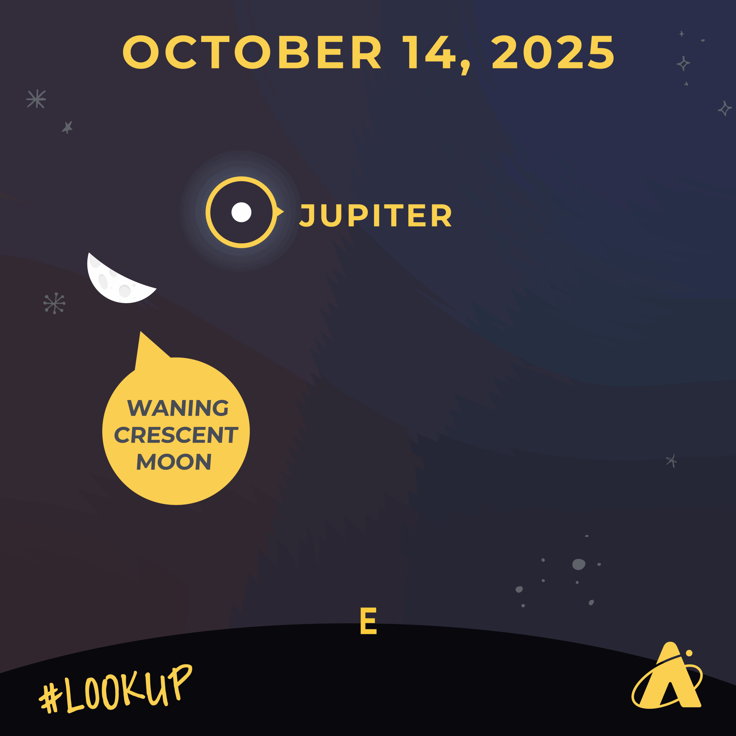 Illustration of the waning crescent Moon near Jupiter. A speech bubble labels the Moon “WANING CRESCENT MOON” and Jupiter is labeled with a circular planet icon. The horizon is shown at the bottom with an “E” for east. Header reads “OCTOBER 14, 2025.” “#LOOKUP” is in the bottom left corner and the Adler Planetarium’s logo is at the bottom right.