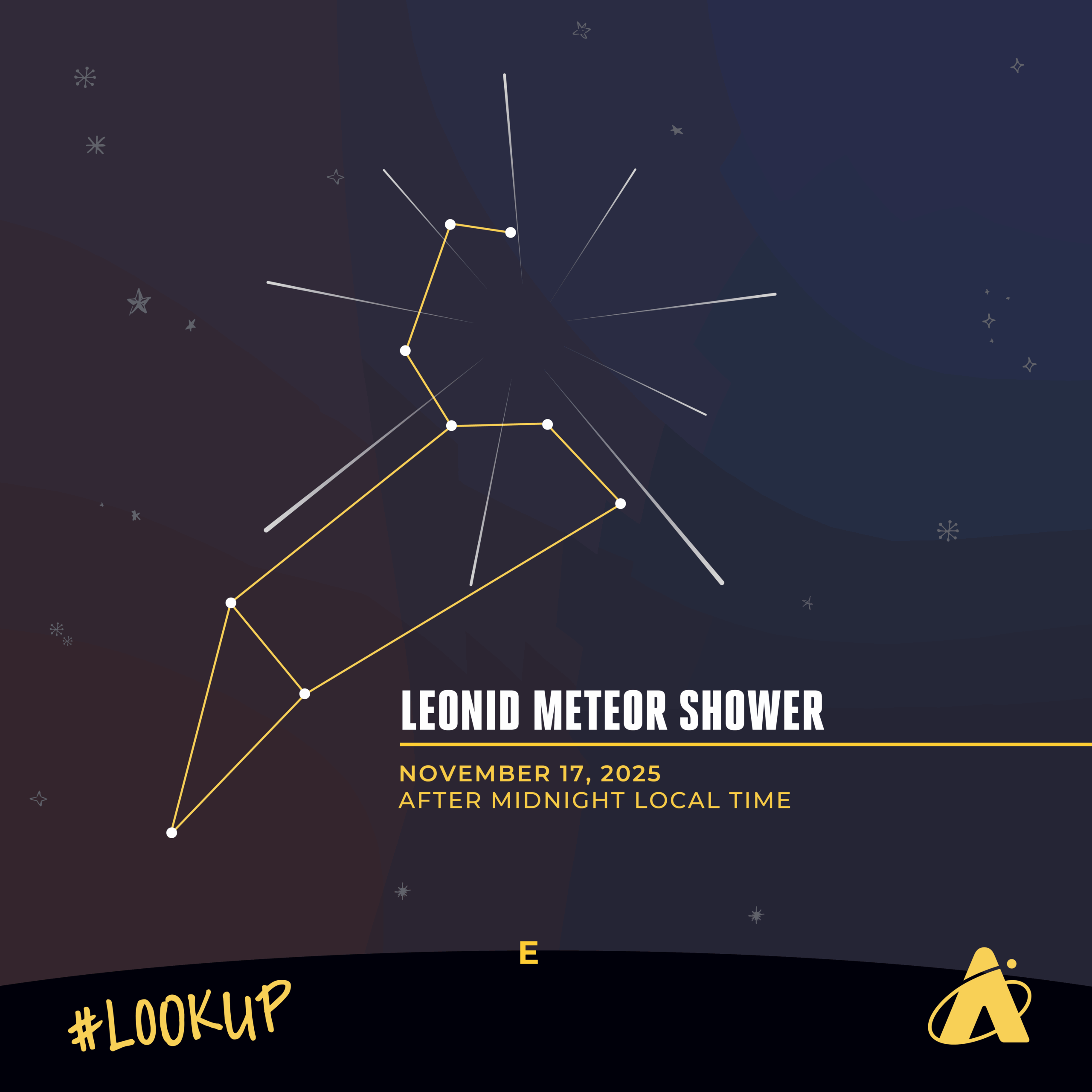 Illustration of meteors emanating from the constellation Leo the Lion in a dark night sky. “E” is marked on the bottom, indicating the eastern horizon. Text reads “Leonid Meteor Shower, November 17, 2025, after midnight local time.” “#LookUp” and the Adler Planetarium’s logo appear at the bottom.