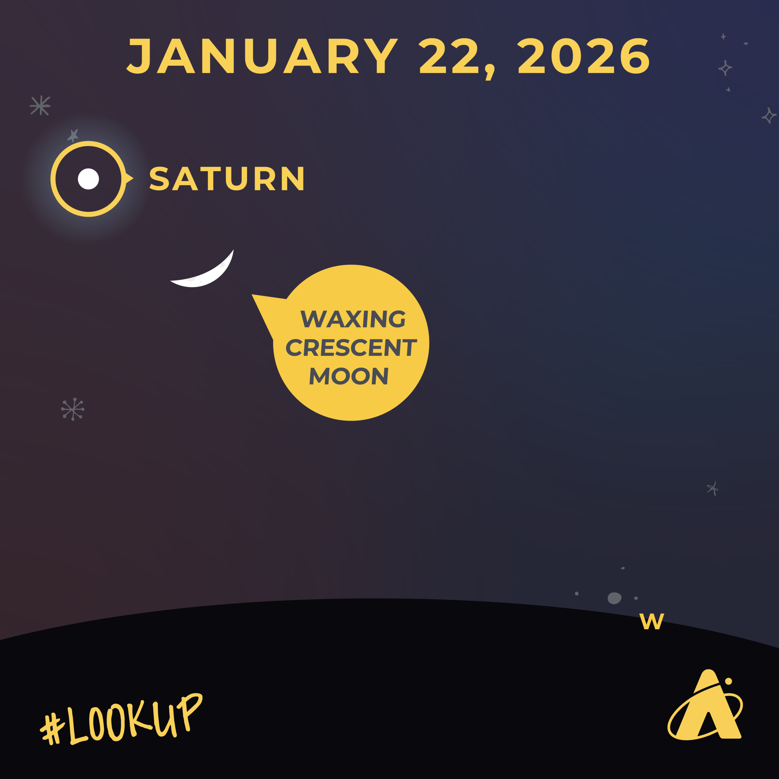 Illustration of the night sky with a waxing crescent Moon and Saturn in close proximity in the western sky. The thin crescent Moon appears below and to the right of Saturn. The header reads “January 22, 2026.” “#LookUp” and the Adler Planetarium’s logo appear at the bottom.