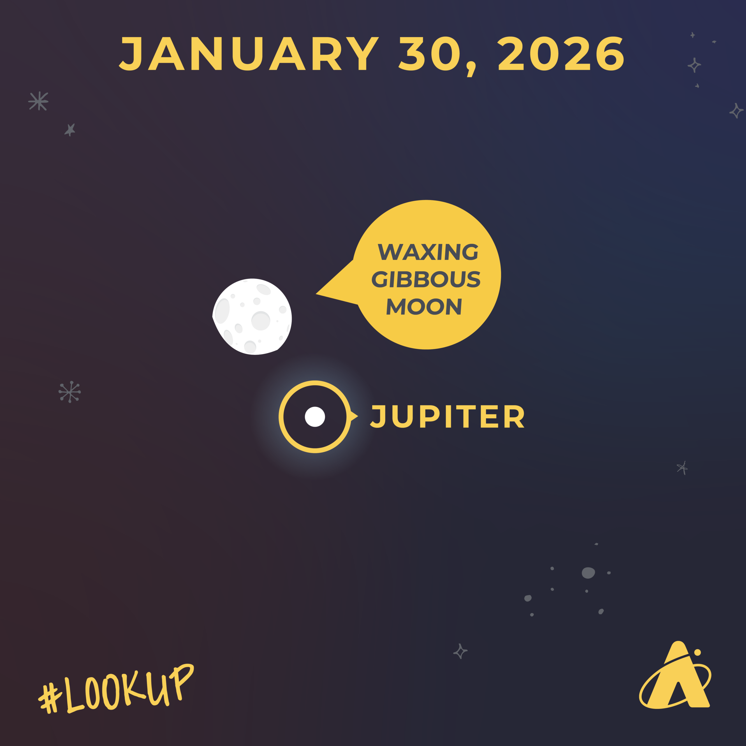 Illustration of the night sky with a waxing gibbous Moon and Jupiter in close proximity in the sky. Jupiter appears below and slightly to the right of the Moon. The header reads “January 30, 2026.” “#LookUp” and the Adler Planetarium’s logo appear at the bottom.