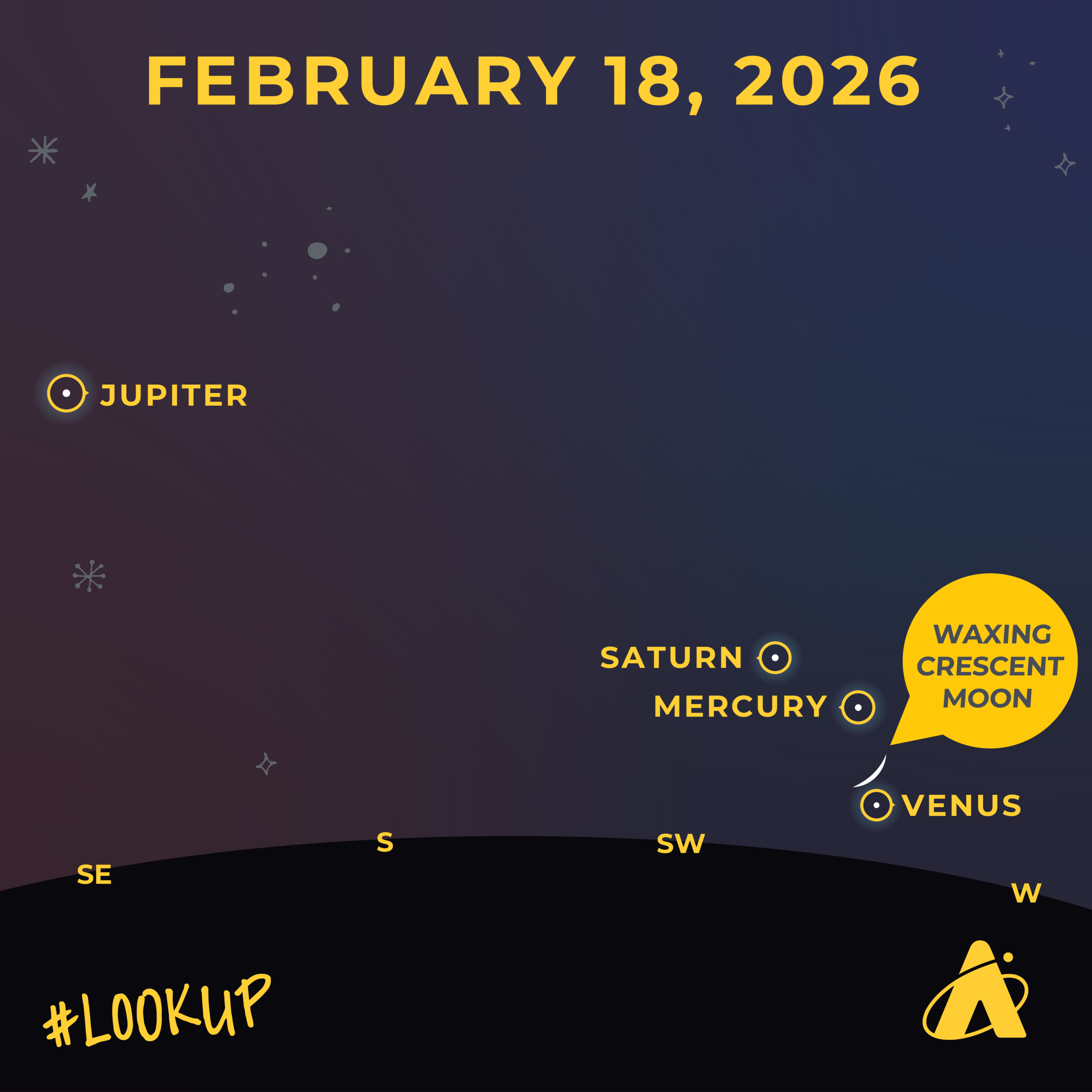 Illustration of a planetary parade, where a slim waxing crescent Moon appears below Mercury. Jupiter, Saturn, and Venus are also visible. “#LookUp” and the Adler Planetarium’s logo appear at the bottom. 