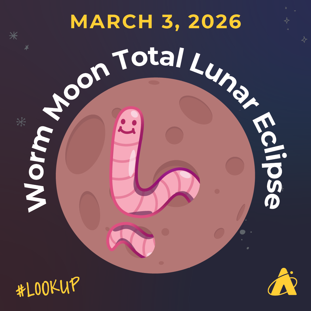 Illustration of a worm coming out of a crater on the Moon with a red-hue with the text, 'March 3, 2026: Worm Moon Total Lunar Eclipse.'
