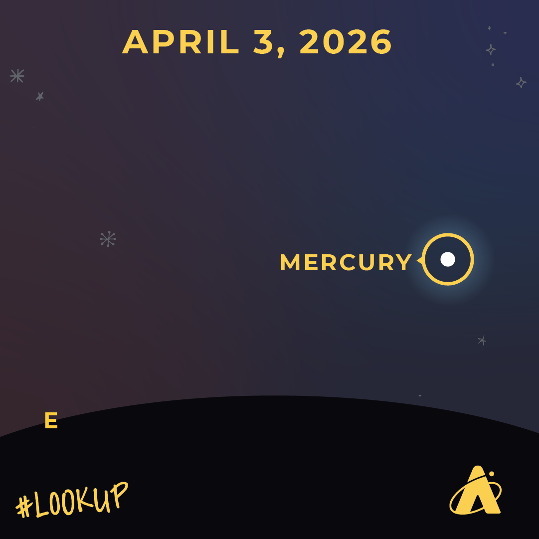 Adler Planetarium sky chart labeled “April 3, 2026” showing Mercury low in the eastern sky near the horizon, with sparse stars and the Adler Planetarium logo and “#LookUp” at the bottom.