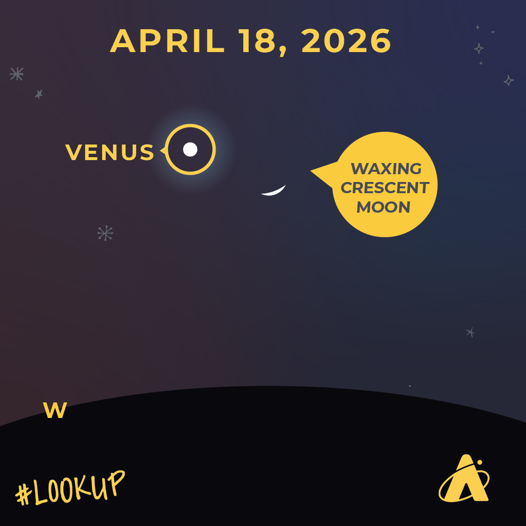 Adler Planetarium sky chart labeled “April 18, 2026” showing Venus and a thin waxing crescent Moon close together in the western sky just above the horizon, with the Adler Planetarium logo and “#LookUp” at the bottom.