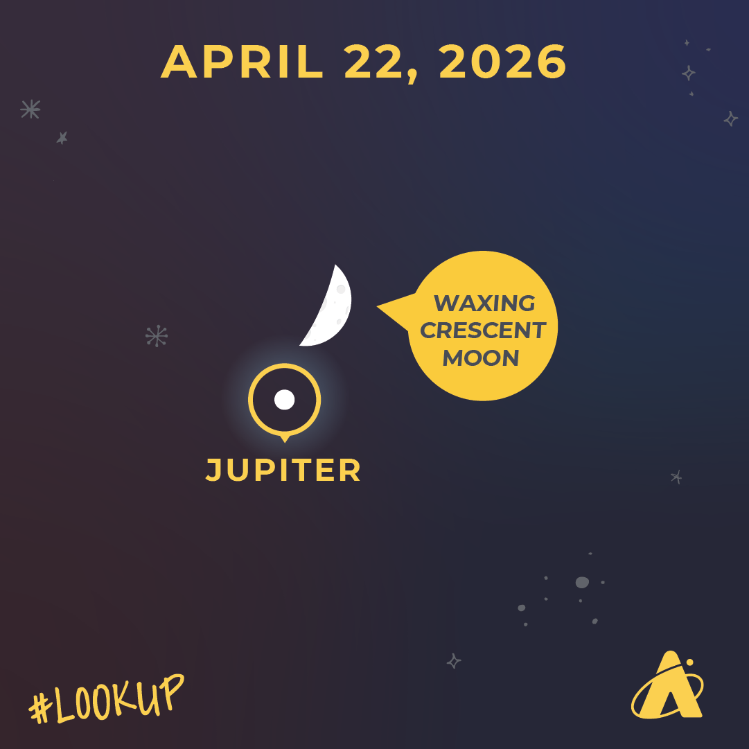 Adler Planetarium sky chart labeled “April 22, 2026” showing Jupiter and a waxing crescent Moon positioned close together in the sky, with the “#LookUp” at the bottom.”