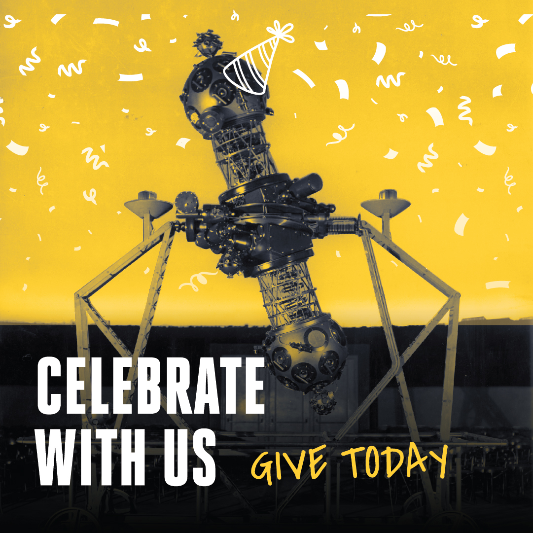 Dome theater projector with on-image text that reads, "Celebrate with us and give today."