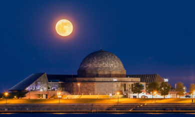 Moon rising over the Adler Planetarium