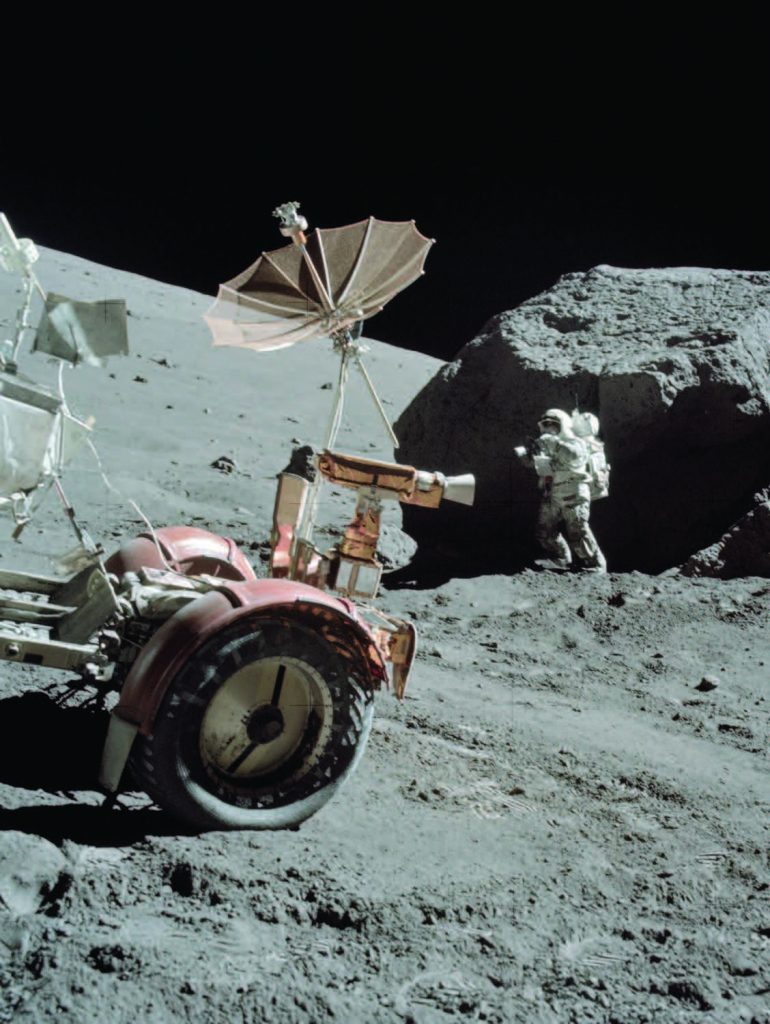 Credit: NASA Harrison Schmidt, the only geologist to land on the Moon, collects rock and soil samples during the final Apollo 17 mission. The lunar rover (repaired with duct tape) is seen in the foreground.