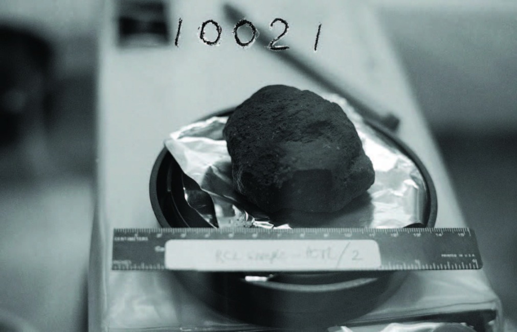 Credit: NASA This is probably the first Moon rock picked up by Neil Armstrong as part of the “contingency sample.” Because the collection was so hurried and the documentation sparse, NASA scientists are not completely sure of the identification.