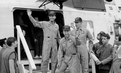 Apollo 13 crew returning home after their ocean landing.