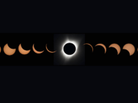 A composite of eleven pictures showing the progression of a total solar eclipse.