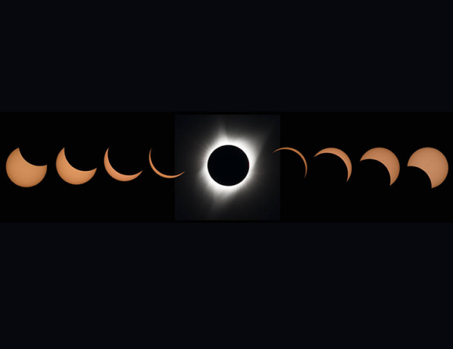 A composite of eleven pictures showing the progression of a total solar eclipse.