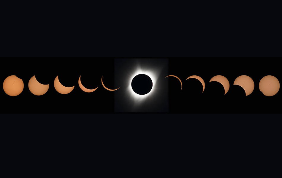 A composite of eleven pictures showing the progression of a total solar eclipse.