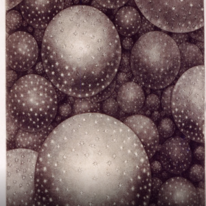 An 18th century artist's illustration of stars in space and the appearance of the Milky Way in the night sky, with large spheres that cover the entire image.