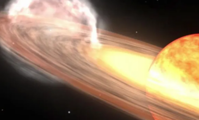 In this illustration, a white dwarf star and a red giant star orbit each other, resulting in a nova similar to the T Coronae Borealis nova that is seen every 80 years. Image credit: NASA/Goddard Space Flight Center