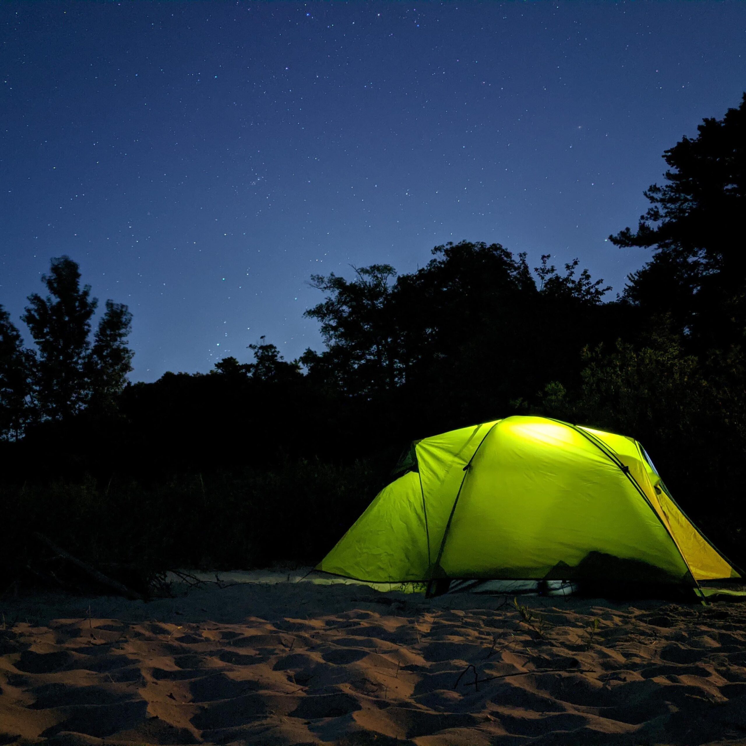 A green tent on sand with silhouetted trees and a blue night sky with stars