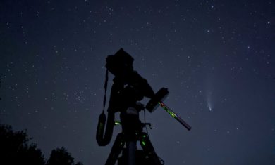 Night photography set up with Comet NEOWISE in the background.